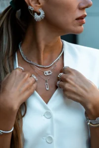 Diamond stud earrings worn for everyday look