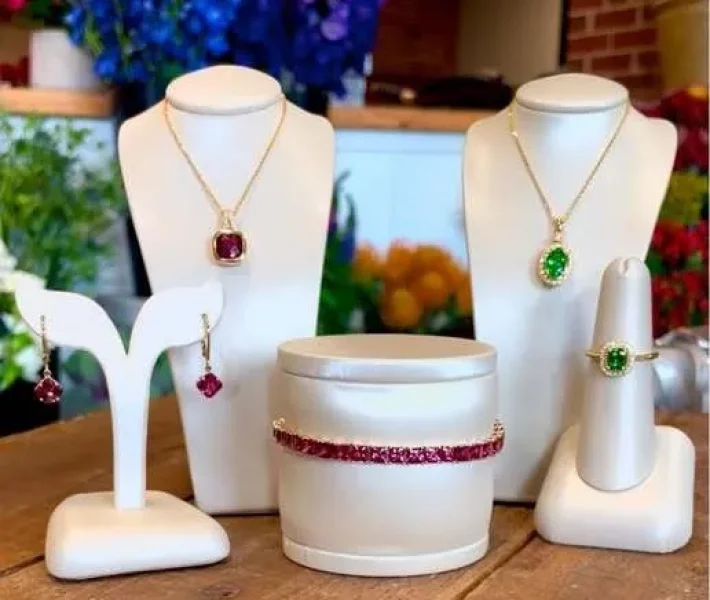 Holiday jewelry gifts displayed in Portsmouth Jewelers showroom